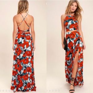 Lulus back to your roots red floral print two piece maxi